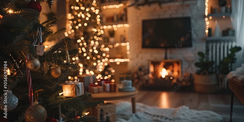 A Christmas tree is lit up in a cozy living room with a fireplace and a television. The room is decorated with Christmas lights and presents A Christmas tree is lit up in a cozy living room with a fireplace and a television. The room is decorated with Christmas lights and presents