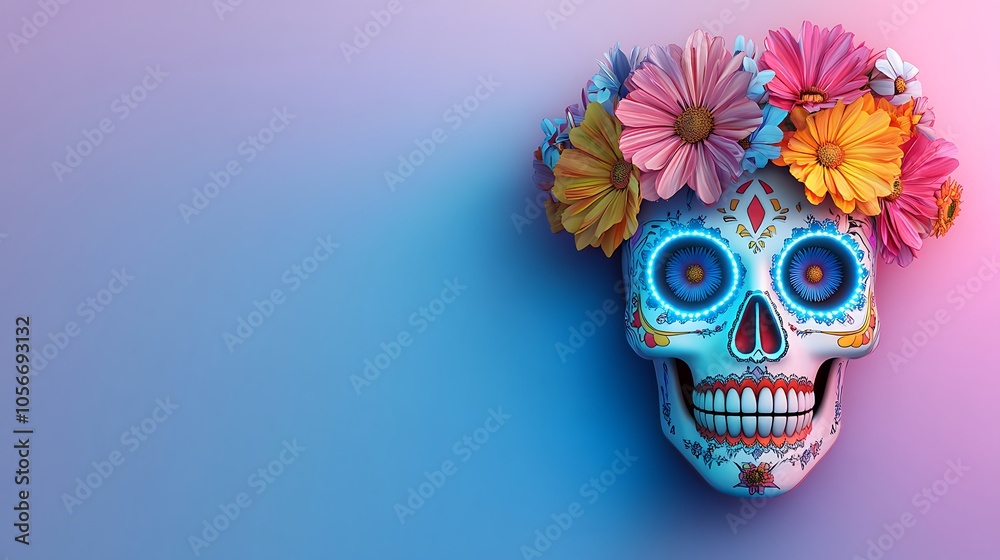 A visually striking stock photo capturing the beauty of a glowing sugar skull embellished with a neon floral crown A visually striking stock photo capturing the beauty of a glowing sugar skull embellished with a neon floral crown