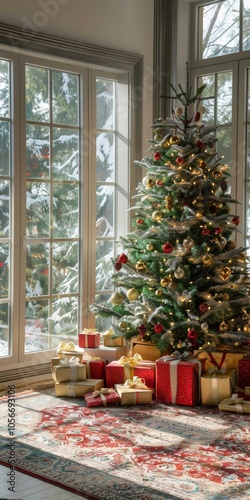 A Christmas tree is surrounded by presents and sits in front of a window