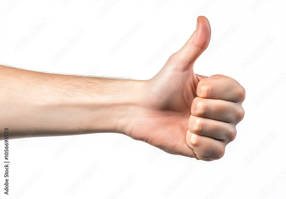 Hand with thumb up isolated on a white background, a hand gesture for a good job or quality service concept Hand with thumb up isolated on a white background, a hand gesture for a good job or quality service concept