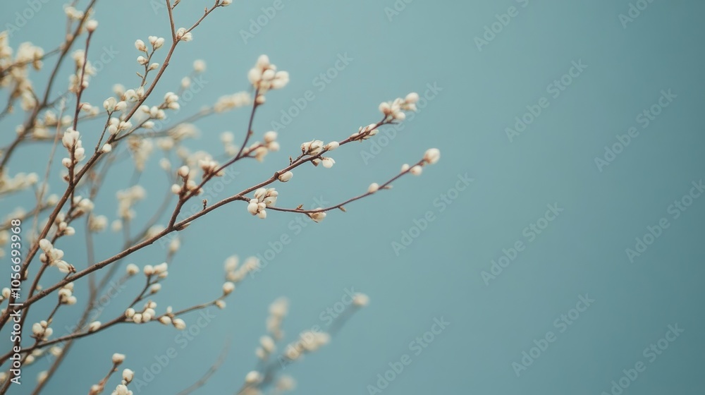 Willow branches against a blue backdrop representing the essence of spring and Easter themes Willow branches against a blue backdrop representing the essence of spring and Easter themes