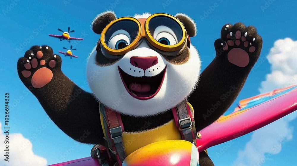 Fototapeta premium Cute Panda Flying on a Plane with Goggles in the Sky