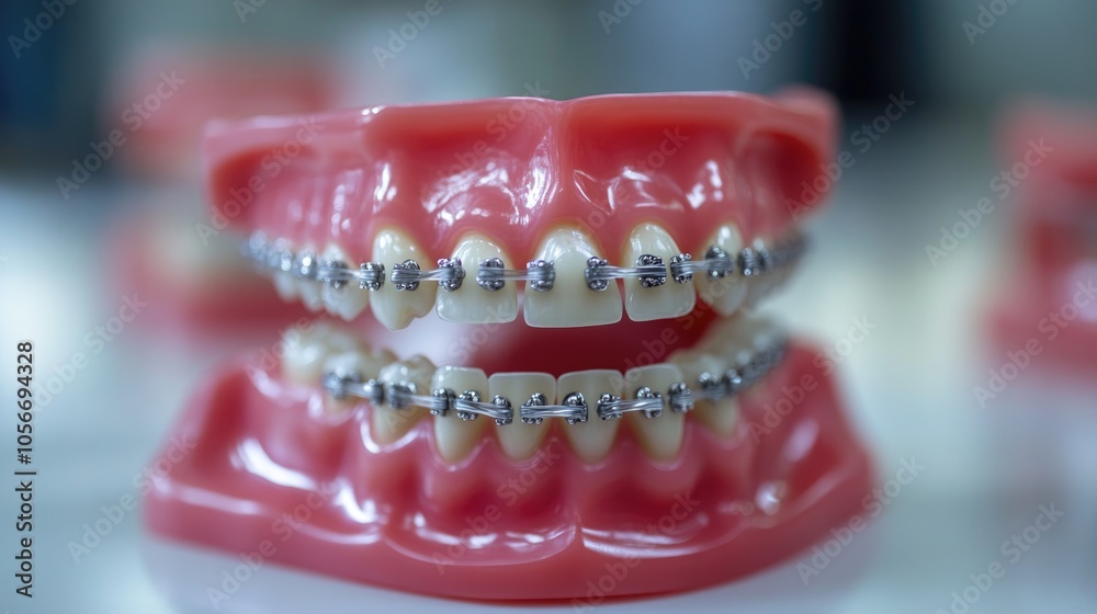 Obraz premium Orthodontic model featuring dental tools close up of a teeth demonstration with ceramic braces on artificial jaws