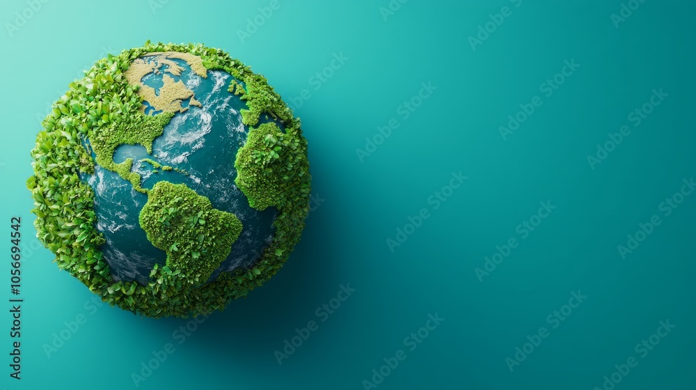 A 3D rendering of the Earth covered in lush greenery on a teal background, symbolizing a sustainable future. A 3D rendering of the Earth covered in lush greenery on a teal background, symbolizing a sustainable future.
