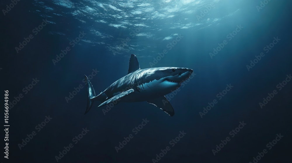 Fototapeta premium Majestic Great White Shark Gracefully Swimming Through Deep Ocean Waters