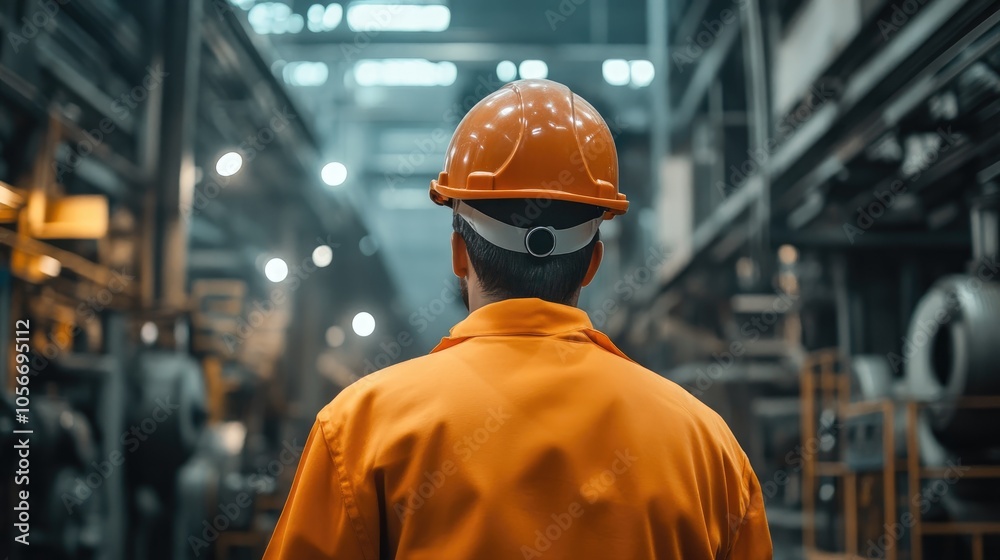 Worker in an orange hard hat monitoring equipment in an industrial setting Worker in an orange hard hat monitoring equipment in an industrial setting