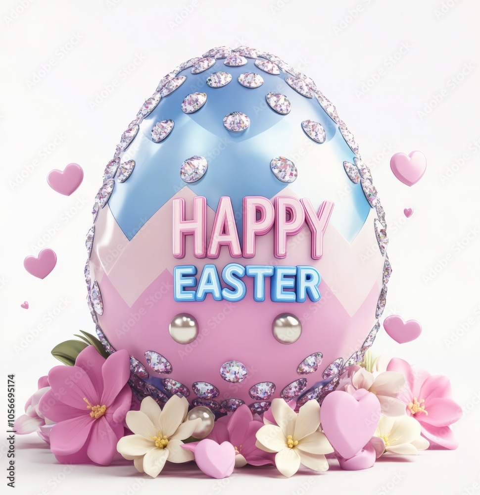 Obraz premium Decoratively styled Easter egg surrounded by flowers and hearts for festive celebration