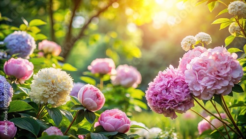 Fototapeta Naklejka Na Ścianę i Meble -  Dainty peonies and hydrangeas set against a lush backdrop of overgrown foliage and soft sunlight filtering through the leaves, sunlit, garden, greenery, flowers, foliage