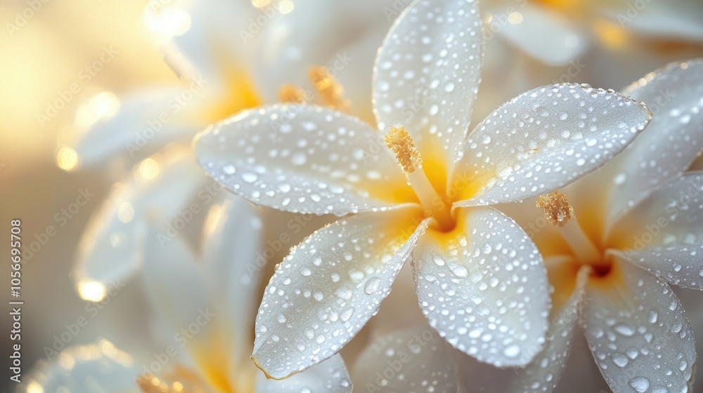 Delicate white flowers featuring yellow highlights shimmer with water droplets highlighting their natural beauty and freshness Delicate white flowers featuring yellow highlights shimmer with water droplets highlighting their natural beauty and freshness
