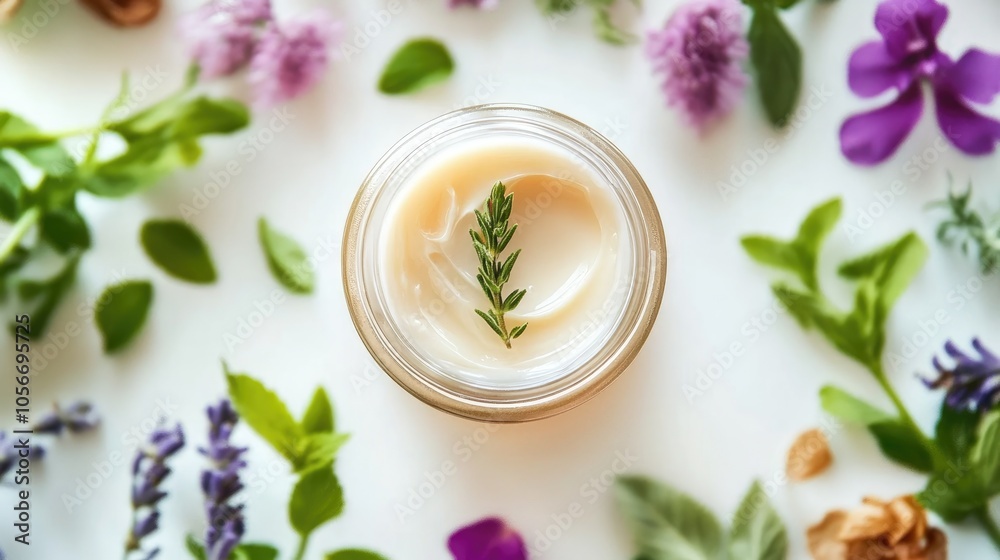 Top view of a jar filled with moisturizer cream featuring herbal extracts and organic natural ingredients Top view of a jar filled with moisturizer cream featuring herbal extracts and organic natural ingredients
