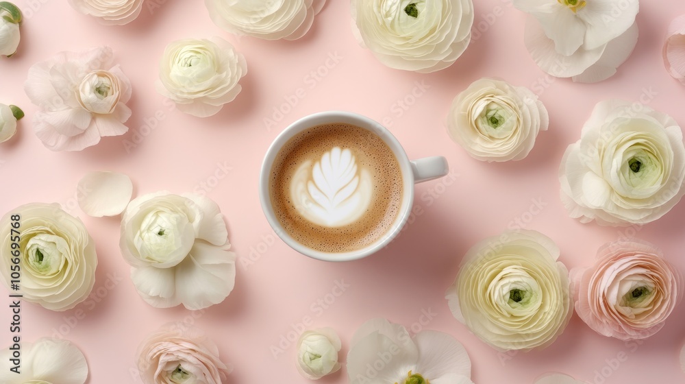 Spring morning theme Flat lay of a coffee cup surrounded by white ranunculus flowers on a soft pink pastel background viewed from above