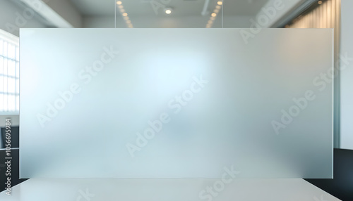 Frosted glass partition in modern office space with soft lighting and blurred background