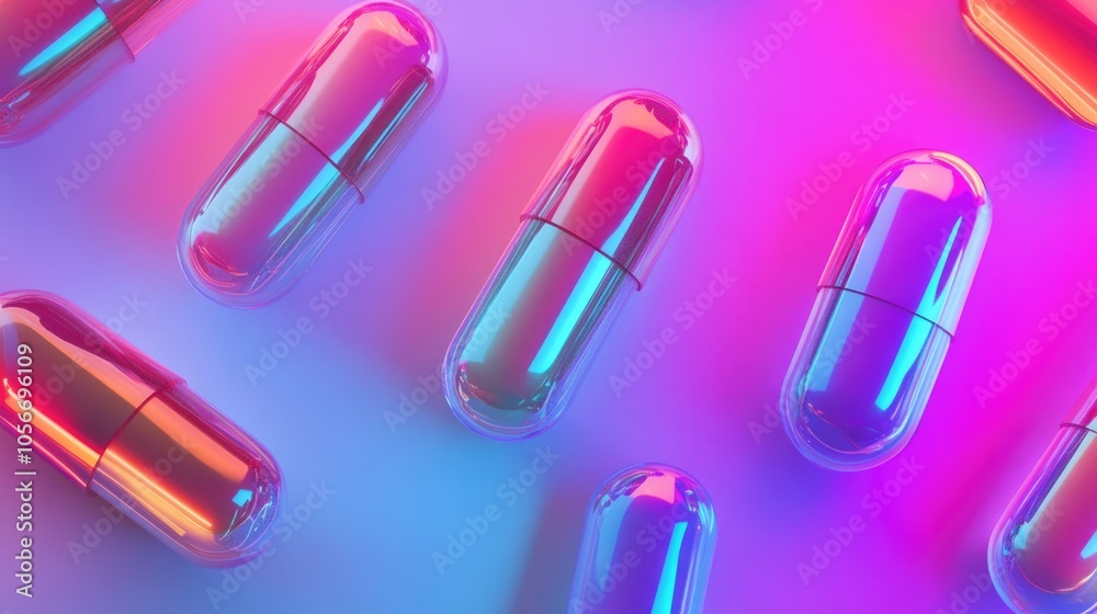 Holographic capsules against a gradient backdrop Holographic capsules against a gradient backdrop