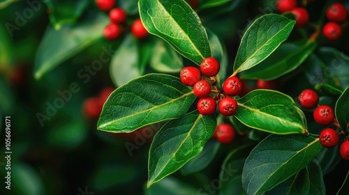 Beautiful Plant Erythroxylaceae With Juicy Green Leaves And Red Fruits photo