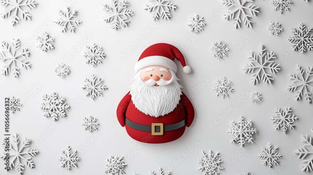 Santa Claus surrounded by delicate snowflakes, simple 3D illustration, minimalist white backdrop, Santa Snowflakes, Holiday Joy Santa Claus surrounded by delicate snowflakes, simple 3D illustration, minimalist white backdrop, Santa Snowflakes, Holiday Joy