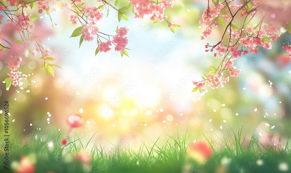 Beautiful blurred spring background with sun and flowers, blurred green grass in the foreground, blurred pink cherry blossoms on top, bright sunny sky Beautiful blurred spring background with sun and flowers, blurred green grass in the foreground, blurred pink cherry blossoms on top, bright sunny sky