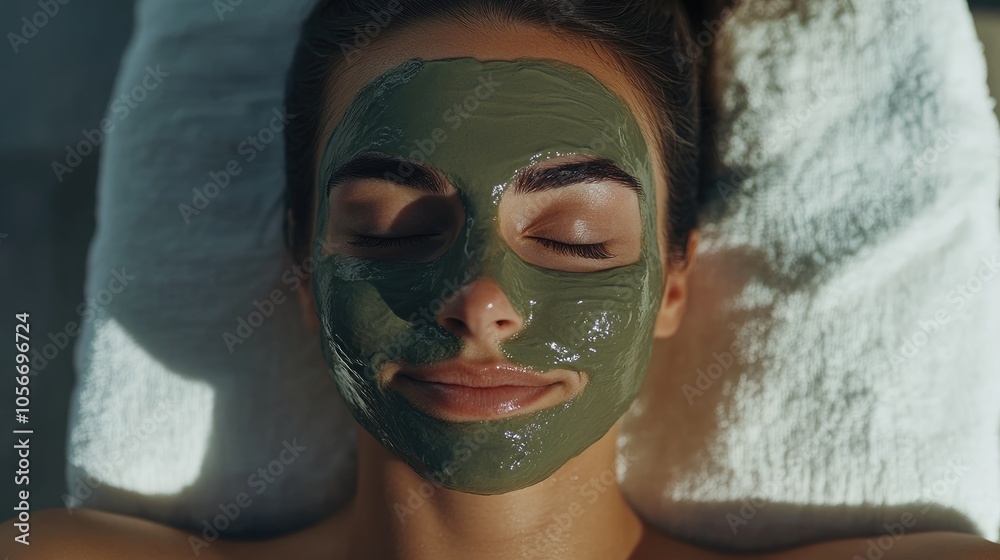 Calm woman receiving a facial treatment with a mud mask resting on a spa bed with eyes closed embodying a serene skincare experience Calm woman receiving a facial treatment with a mud mask resting on a spa bed with eyes closed embodying a serene skincare experience