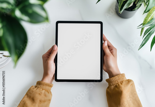 Close-up of hands holding and pointing at a blank tablet screen, isolated on a white background with a clipping path, a mock-up for your design project photo