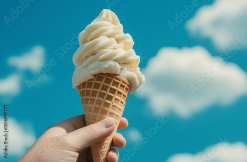 A hand holding an ice cream cone against the backdrop of a blue sky and white clouds, with the focus on a single soft-serve ice cream that is almost complete in color photo