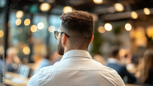 Business professional engaged in a conference meeting observed from a rear perspective