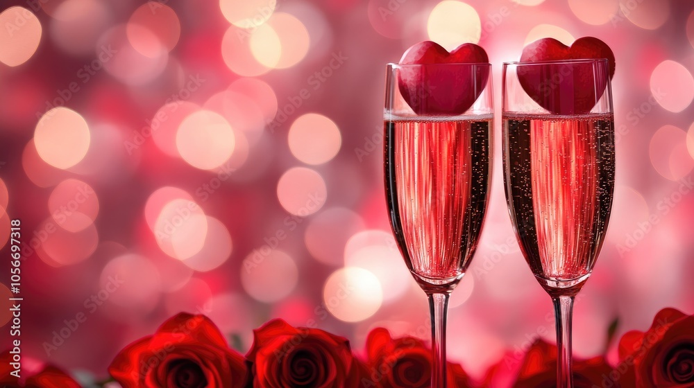 Valentine s celebration featuring champagne glasses and red roses set against a shimmering bokeh background Valentine s celebration featuring champagne glasses and red roses set against a shimmering bokeh background