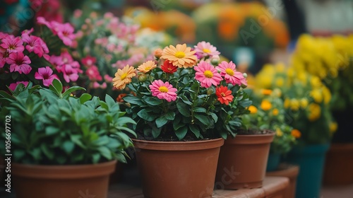 Wallpaper Mural Colorful Blooms in Terracotta Pots Displaying Vibrant Variety at Flower Market Stall : Generative AI Torontodigital.ca