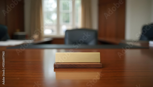 Office desk nameplate in front of a blurred executive chair and window view photo