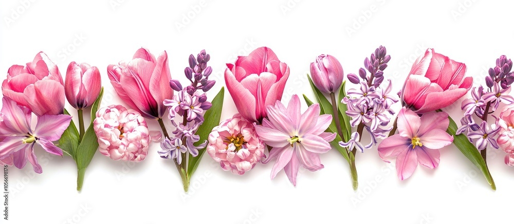 Pink Tulips And Hyacinth Flowers Border Isolated On White Background Pink Tulips And Hyacinth Flowers Border Isolated On White Background