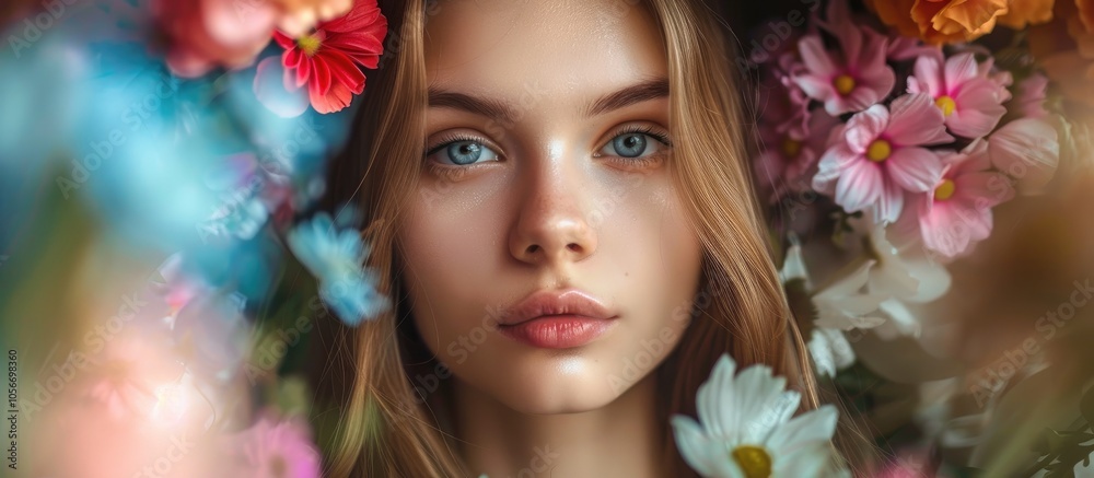 Young Beautiful Girl On A Background Of Colorful Flowers Young Beautiful Girl On A Background Of Colorful Flowers