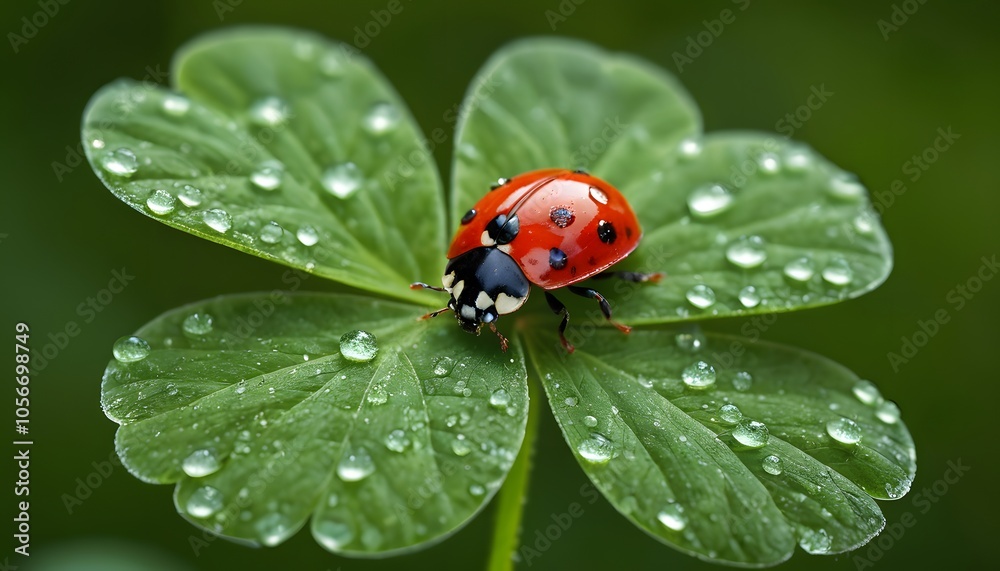 Macro Shot Capturing the Vibrant Beauty of a Red Ladybug Resting on a Lucky Four-Leaf Clover for Nature Enthusiasts and Designers Macro Shot Capturing the Vibrant Beauty of a Red Ladybug Resting on a Lucky Four-Leaf Clover for Nature Enthusiasts and Designers
