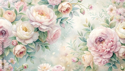 Dreamy watercolor-style floral patterns featuring soft peonies and roses in pastel shades with subtle texture, romantic decor, watercolor prints, ethereal atmosphere, bohemian style