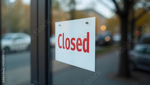 White closed sign with red text hanging on a glass door, outdoor street view in the background