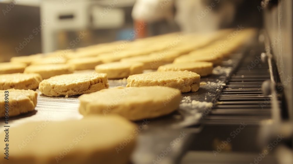 Baking biscuits raw dough moving along a conveyor belt