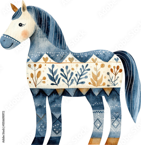 Whimsical Patterned Horse Figure Adorned with Nordic Folklore Inspired Christmas photo