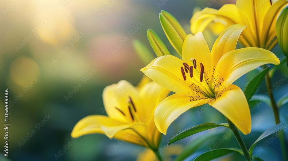 Obraz premium Vibrant close up of yellow lilies in a garden showcasing the beauty of nature and botanical elements