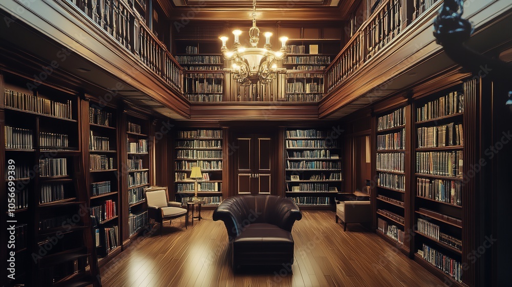 A cozy and stylish library room filled with an extensive collection of books, showcasing elegant wooden shelves and a comfortable reading nook. The room features warm lighting that creates a welcoming A cozy and stylish library room filled with an extensive collection of books, showcasing elegant wooden shelves and a comfortable reading nook. The room features warm lighting that creates a welcoming