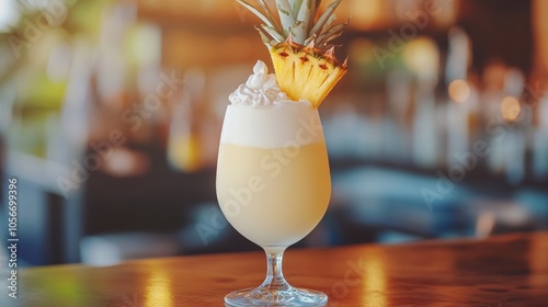 Close up image of a refreshing fruit pina colada cocktail garnished with cream and pineapple set against a soft focus beach bar backdrop photo