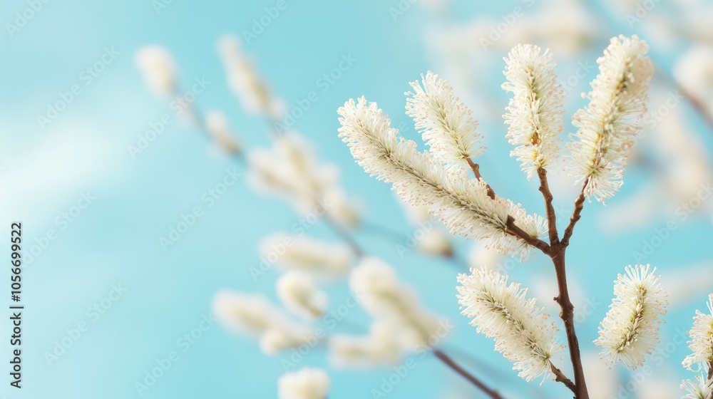 Close up of blooming fluffy willow branches in spring against a soft turquoise blue sky background Features vintage muted tones and provides ample copy space in an ultra wide format Close up of blooming fluffy willow branches in spring against a soft turquoise blue sky background Features vintage muted tones and provides ample copy space in an ultra wide format