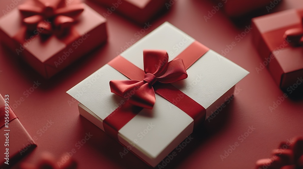 Elegant White and Red Gift Box with Satin Ribbon on a Classy Red Surface : Generative AI