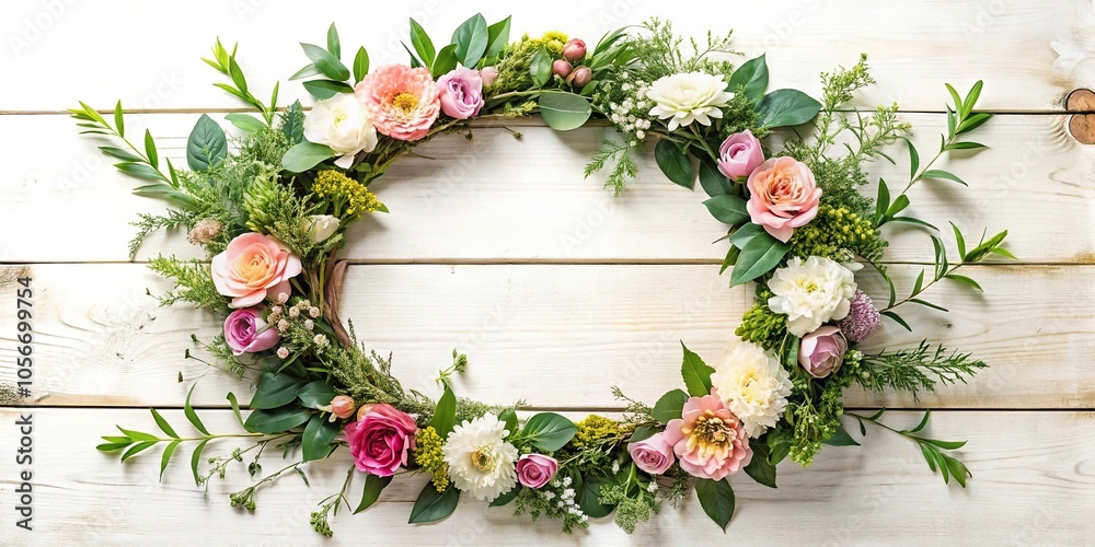 Floral wreath frame with fresh flowers and greenery surrounding a wooden or metal frame, wall decor, vintage style, summer decor Floral wreath frame with fresh flowers and greenery surrounding a wooden or metal frame, wall decor, vintage style, summer decor