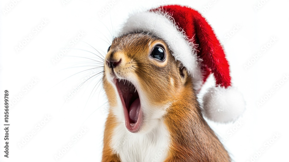 Obraz premium Surprised red squirrel with an open mouth wearing a Santa hat set against a white background