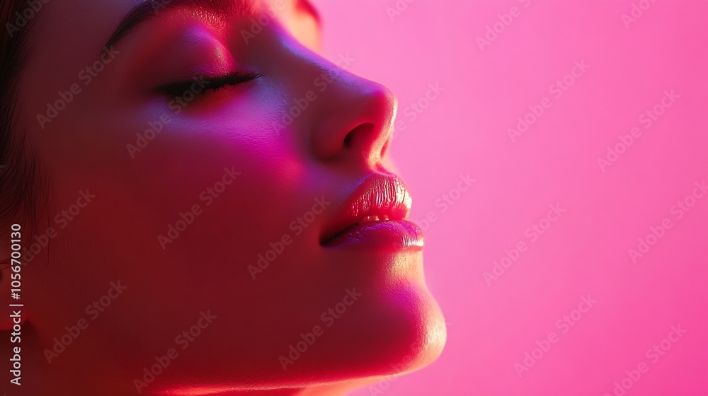 Woman's Face in Profile Bathed in Pink Light Creating Dreamlike Atmosphere : Generative AI