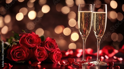 Fototapeta Naklejka Na Ścianę i Meble -  Valentine s celebration featuring champagne glasses and red roses set against a shimmering bokeh background