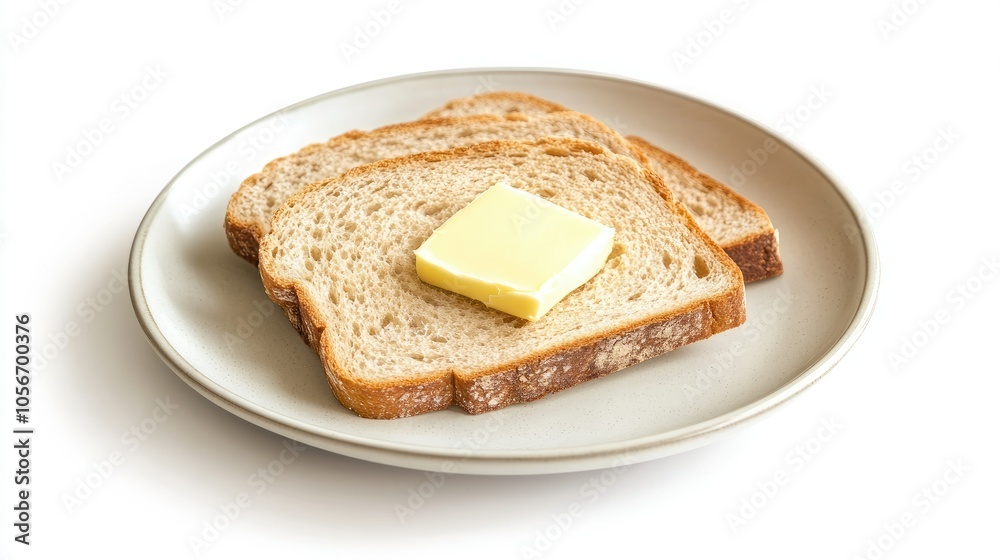 A minimalist image of two slices of toasted whole-grain bread on a white plate, with a knife A minimalist image of two slices of toasted whole-grain bread on a white plate, with a knife