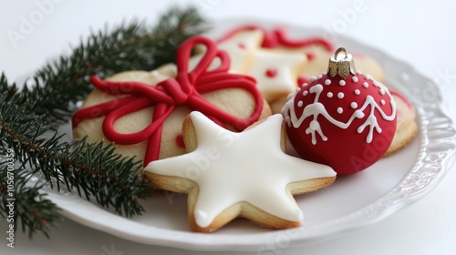 Plate of Christmas themed cookies featuring a red bow white star red ornament and pine sprigs against a white background