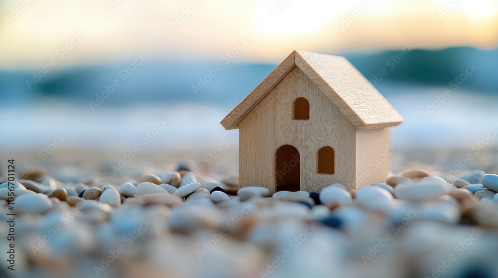 Sustainable family living and business concept in real estate Construction investment cottage rentals and home building by the shore featuring a wooden toy model house by the beach Sustainable family living and business concept in real estate Construction investment cottage rentals and home building by the shore featuring a wooden toy model house by the beach