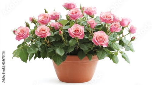 Roses in a pot displayed from the front set against a white background