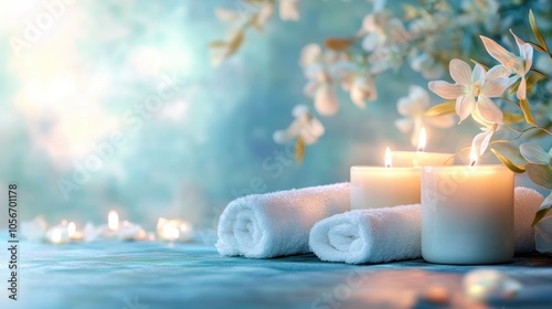 Soothing spa environment featuring candles against a softly blurred backdrop embodying tranquility and relaxation Spa inspired imagery photo