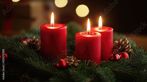 Christmas advent wreath featuring three red candles