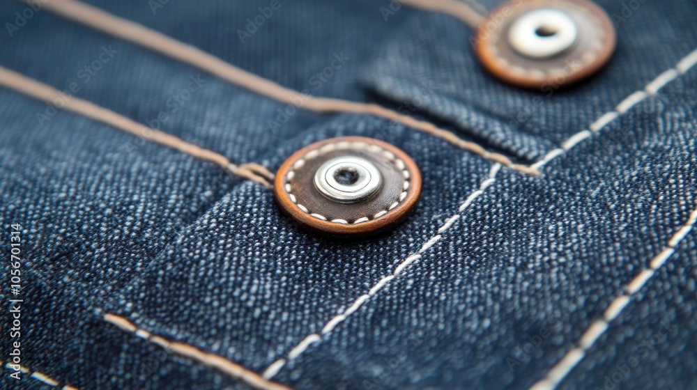 Blue denim featuring white and brown stitching along with metallic buttons Blue denim featuring white and brown stitching along with metallic buttons